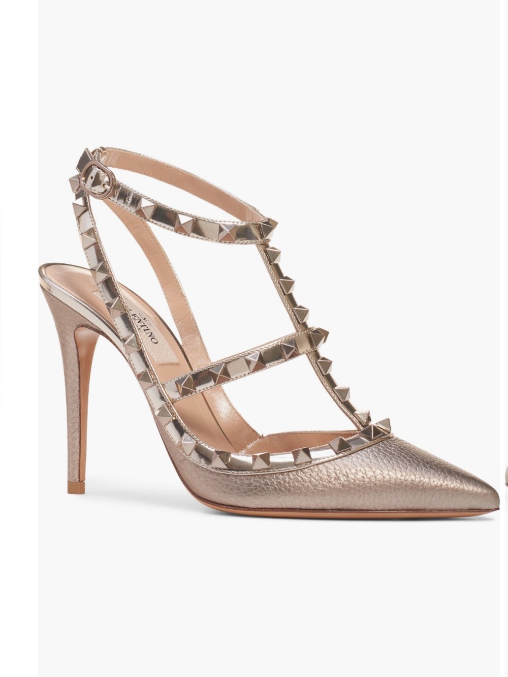 NIB Valentino Garavani Rockstud Pointed Toe T-Strap Pump gold - EU41